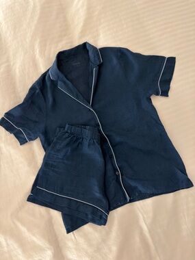 INTIMISSIMI Linen Navy Blue Pajama Set with White Piping